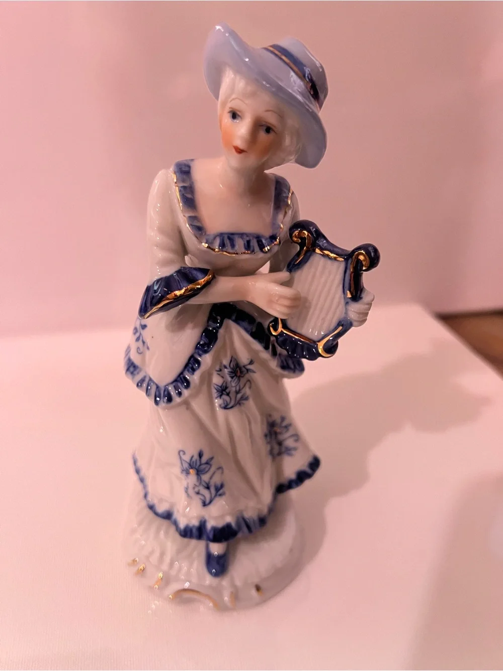 Vintage Hand-Painted Porcelain Figurine Woman with Lyre in White and Blue